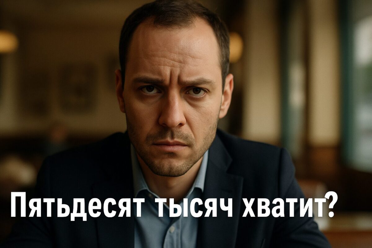 «Мужчина в дорогом костюме с напряжённым взглядом сидит в кафе, на экране крупная надпись: „Пятьдесят тысяч хватит?“»