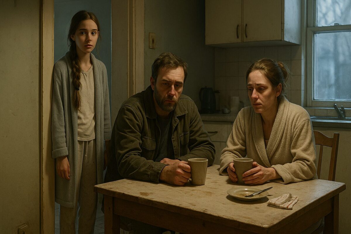Девочка-подросток в пижаме стоит у двери кухни и тревожно смотрит на родителей, которые сидят за столом с кружками. Отец с усталым выражением лица, мать выглядит измученной и невыспавшейся. Утренний холодный свет проникает через окно, подчеркивая напряжённую атмосферу.