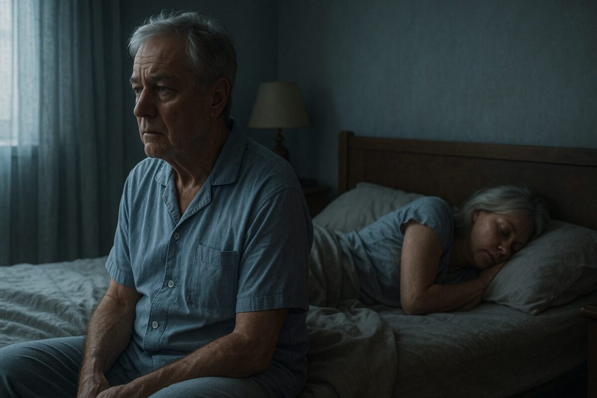 Мужчина 64 лет в пижаме сидит на краю кровати в утреннем полумраке, задумчиво глядя в сторону. Рядом на кровати спит женщина 60 лет с седыми волосами, поджав колени. Атмосфера — тихая, тревожная, с ощущением предчувствия.