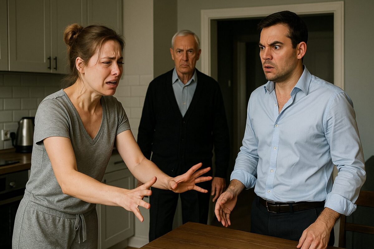 Вера с болью и возмущением на лице отталкивает Максима в современной кухне; между ними напряжение, на заднем плане в дверях стоит Николай Степанович с пронзительным взглядом.