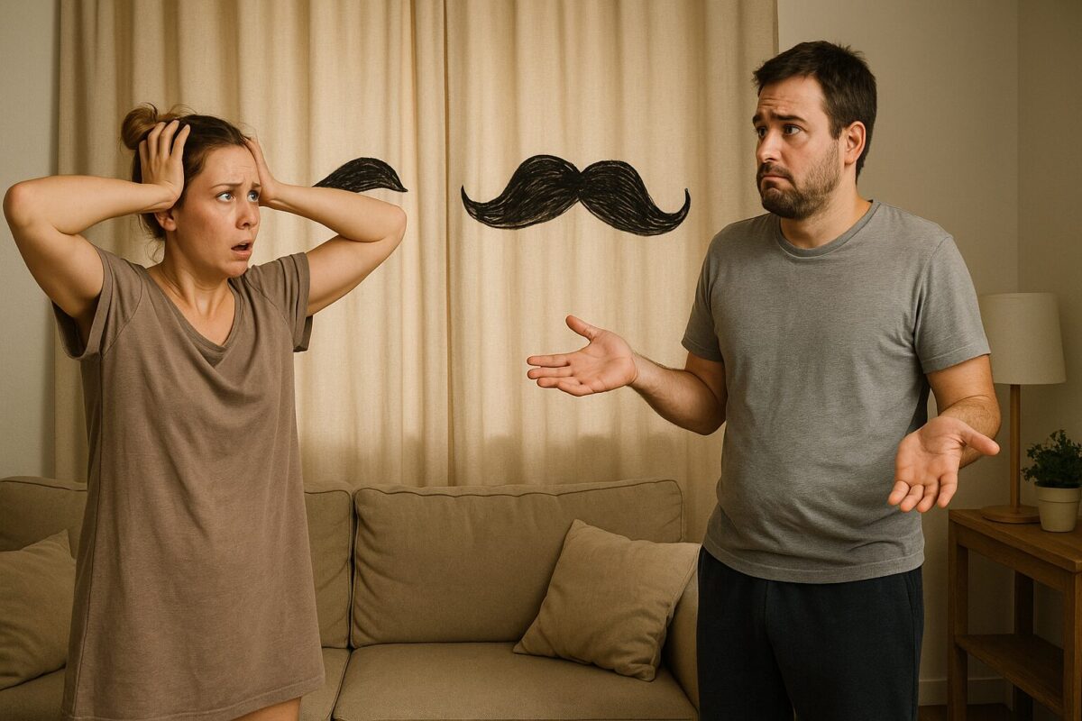 Женщина в домашней одежде с отчаянным выражением держится за голову, а мужчина рядом с виноватым видом пожимает плечами; на шторах за ними нарисованы большие усы, создавая комичный контраст. Сцена происходит в обычной гостиной.