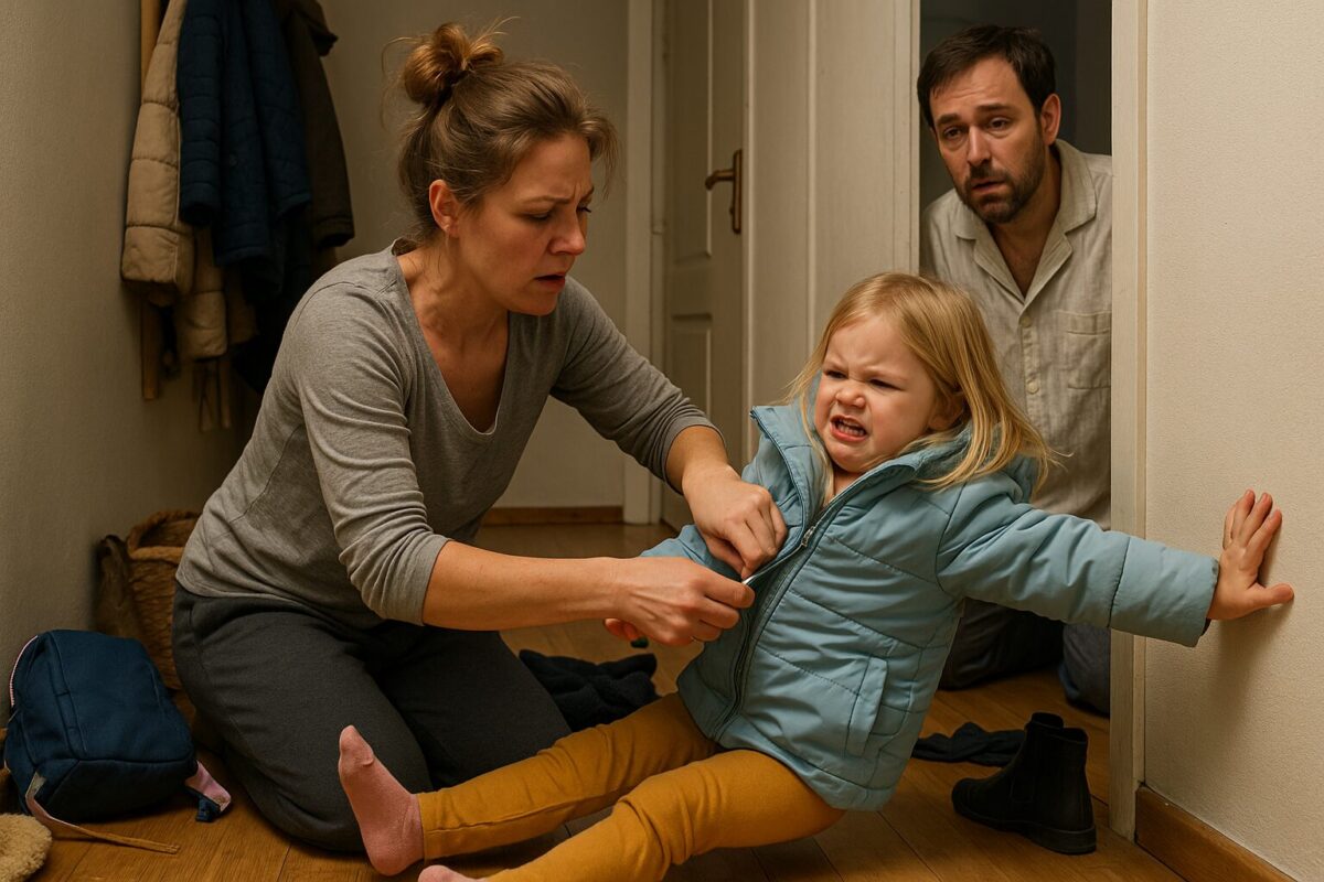 Мать в домашней одежде пытается застегнуть молнию на куртке дочери, которая сопротивляется и кривится, упираясь руками в стену. Отец в пижаме с уставшим лицом выглядывает из-за угла. На полу разбросаны вещи, создавая атмосферу утренней суматохи в узком коридоре.