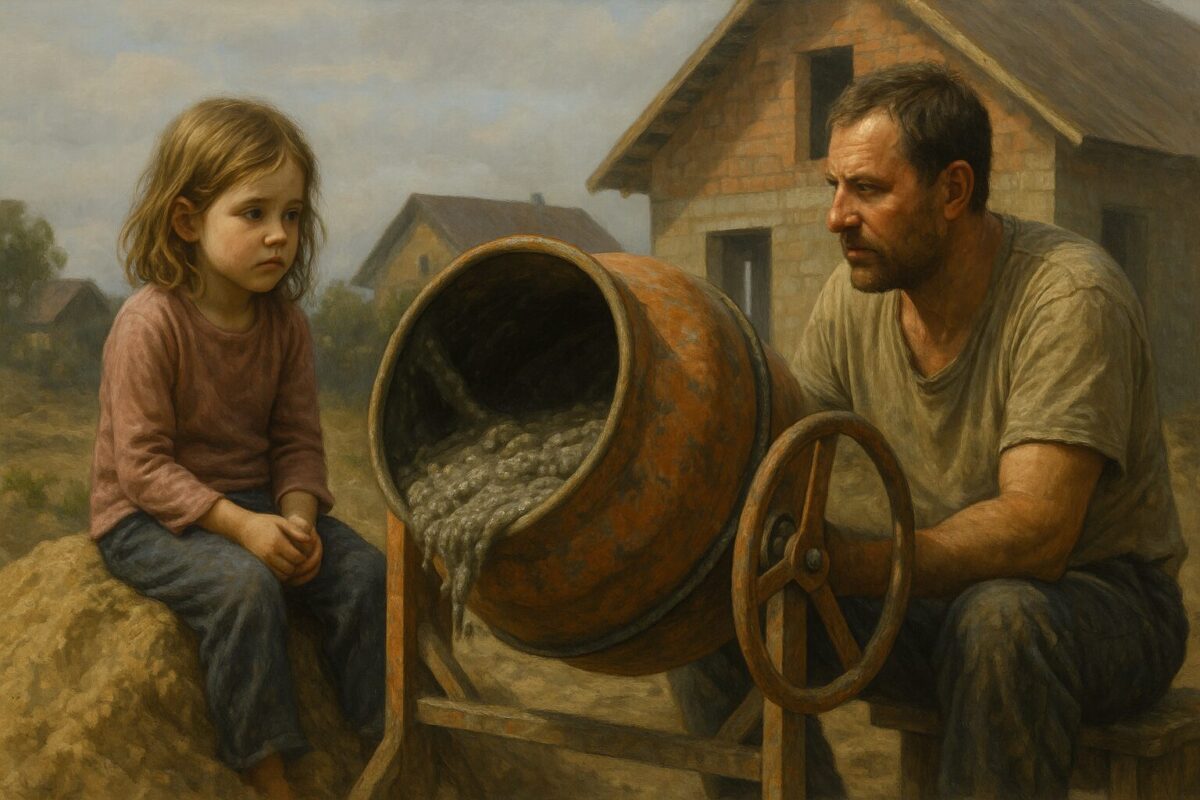 Маленькая девочка сидит на куче песка у бетономешалки, рядом — её отец в рабочей одежде, пахнущий цементом. Он замешивает раствор, а за ними — недостроенный дом из кирпича. Сцена передаёт атмосферу детства, прошедшего на стройке, с сильной эмоциональной связью между героиней и реальностью её семьи.