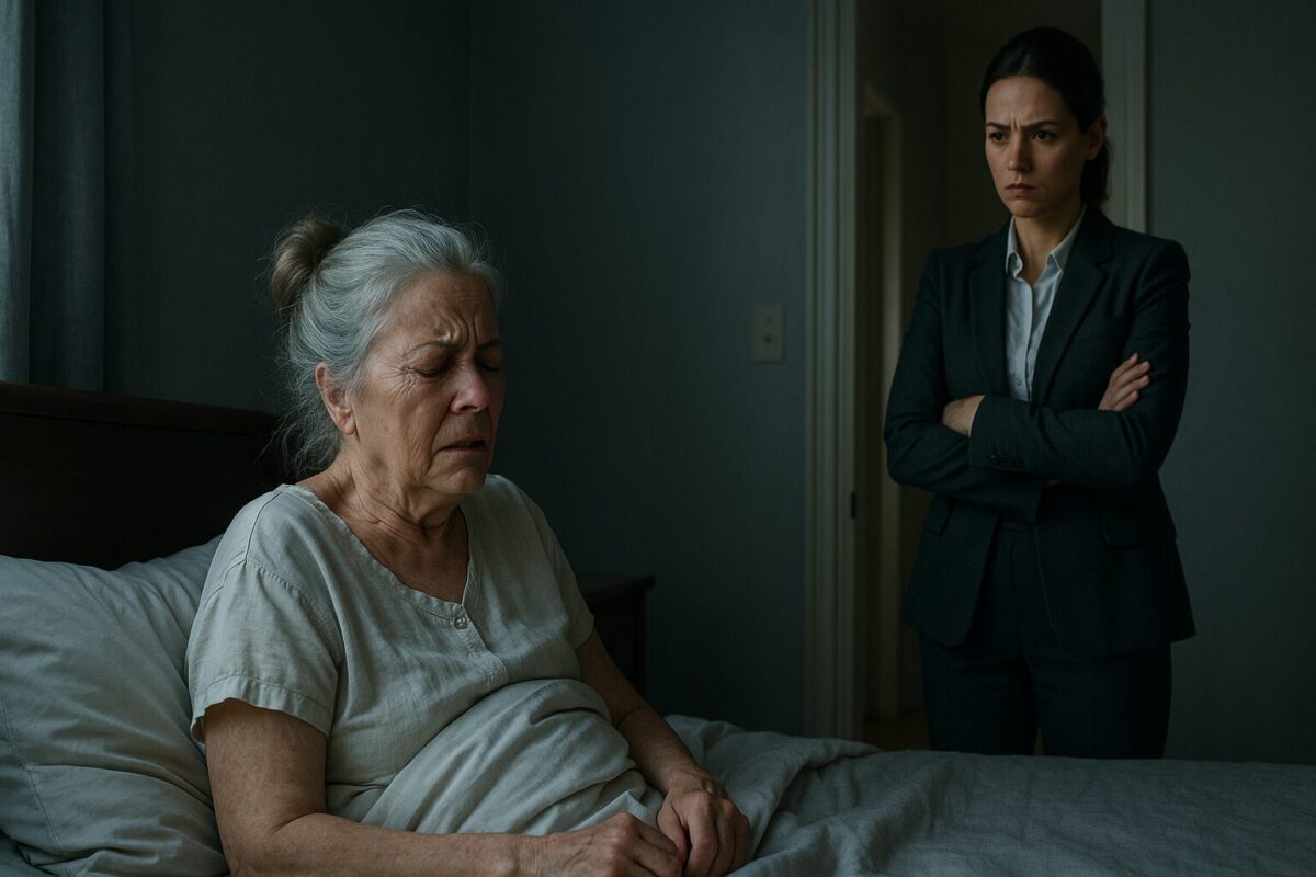 Пожилая женщина с напряжённым лицом лежит в постели в полумраке комнаты, у двери стоит ухоженная молодая женщина в деловом костюме с холодным, недовольным взглядом. Атмосфера — отстранённая и напряжённая.