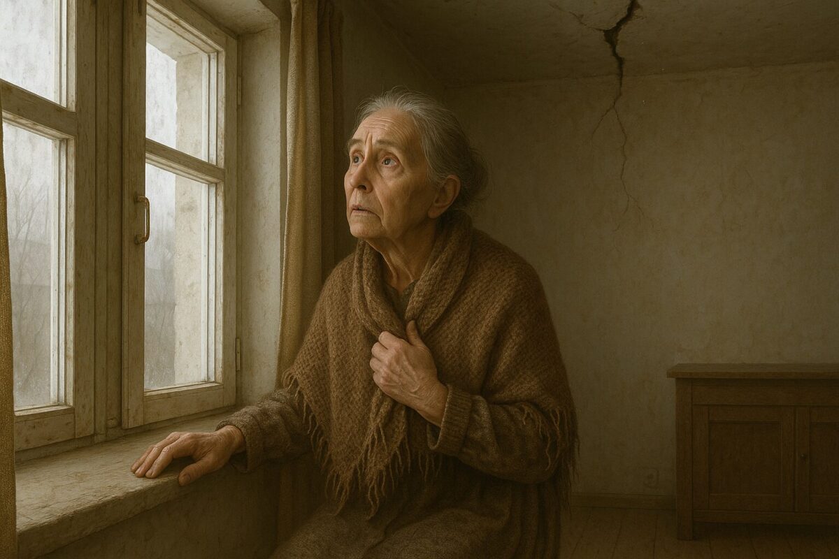 Пожилая женщина в старом деревенском доме стоит у окна и тревожно смотрит на трещину на потолке, из которой осыпается пыль. Комната освещена тусклым утренним светом, на женщине тёплая шаль и вязаные носки.