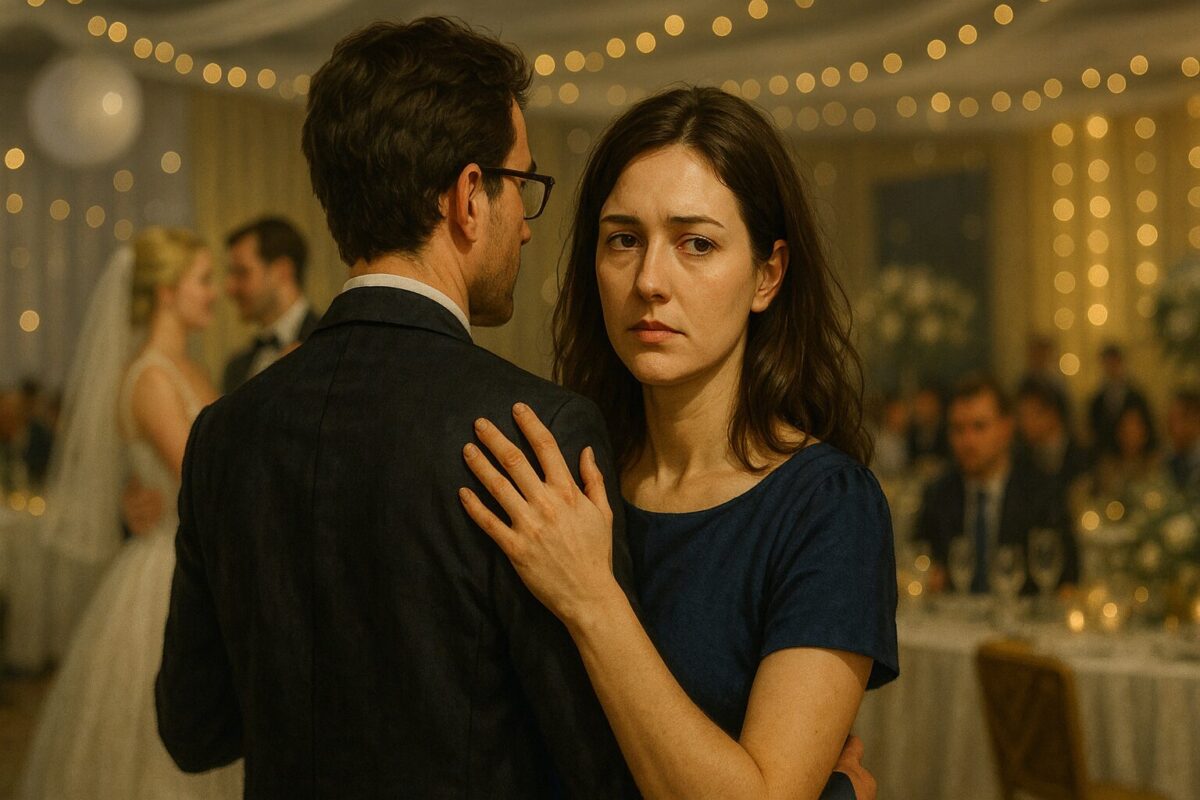 Женщина в синем платье и мужчина в костюме сидят за столом на свадебном банкете. Она выглядит задумчивой, на заднем плане танцуют молодожёны.