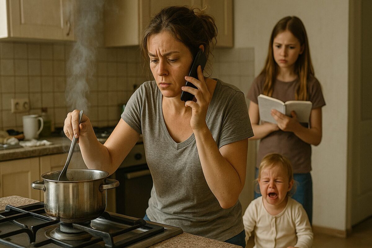Уставшая женщина 30–35 лет в домашней одежде готовит на плите, прижав плечом телефон к уху, на плите подгорает кастрюля. Рядом на полу капризничает маленькая девочка 1–2 лет. На заднем плане девочка 8–10 лет с тетрадкой, расстроено смотрит на задачу. Атмосфера напряжённая, повседневный хаос.