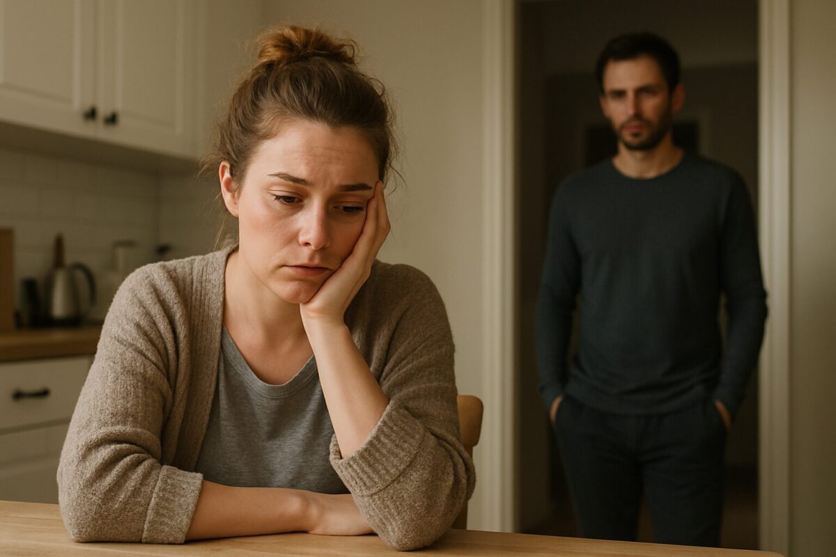 Женщина с грустным лицом сидит на кухне, опершись щекой на ладонь, без телефона в руках. На заднем плане в дверном проеме стоит мужчина с пустыми руками, отстраненно смотрит в её сторону. Атмосфера напряженности и эмоционального отдаления.