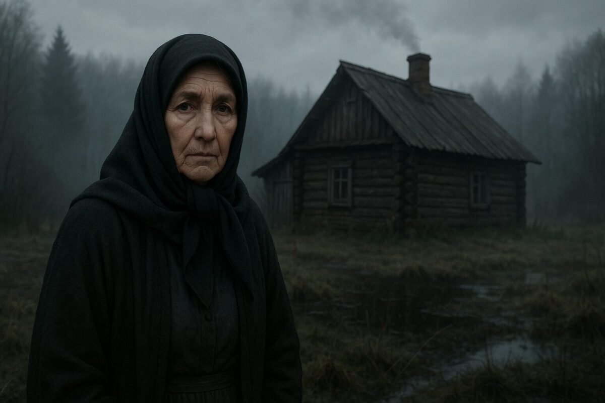 Пожилая женщина в чёрном платке стоит на фоне старой деревенской избы, окружённой туманным болотом и хвойным лесом. Из трубы идёт дым, атмосфера — хмурая, таинственная.