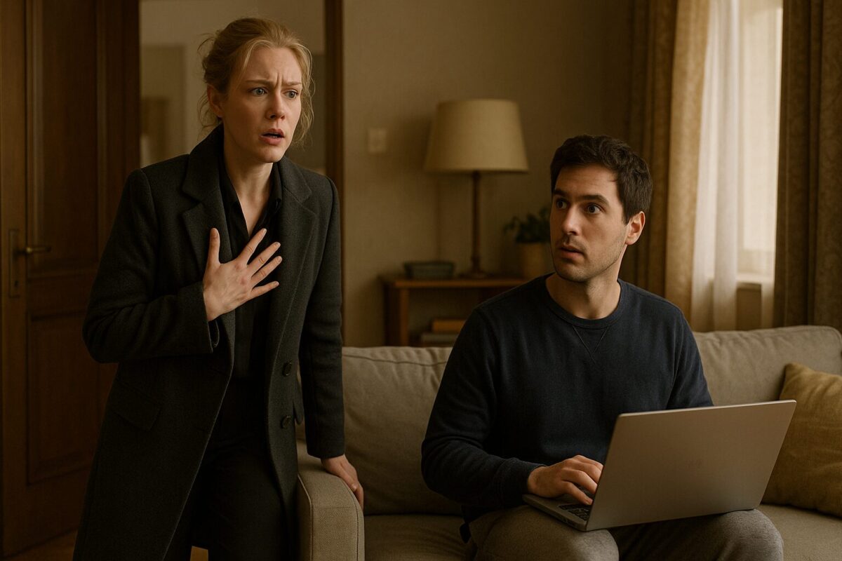 Лена врывается в комнату с тревогой на лице, прижимая руку к груди, в то время как Костя, сидящий на диване с ноутбуком, с удивлением смотрит на неё. Уютная гостиная, естественный свет из окна.