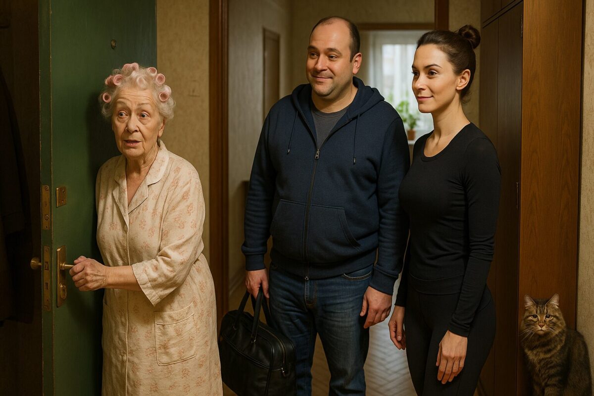 В коридоре типовой советской квартиры Валентина Петровна (миниатюрная женщина в халате и бигудях) открывает дверь своему взрослому сыну Игорю (полноватый, лысеющий, с неловкой улыбкой) и его спутнице Алле (стройная, спортивная, в модной одежде, с напряжённым взглядом). На заднем плане виден пушистый кот Барсик, выглядывающий из-за шкафа, и уютная комната с цветами на подоконнике. Атмосфера — неожиданность, неловкость и напряжённое ожидание.