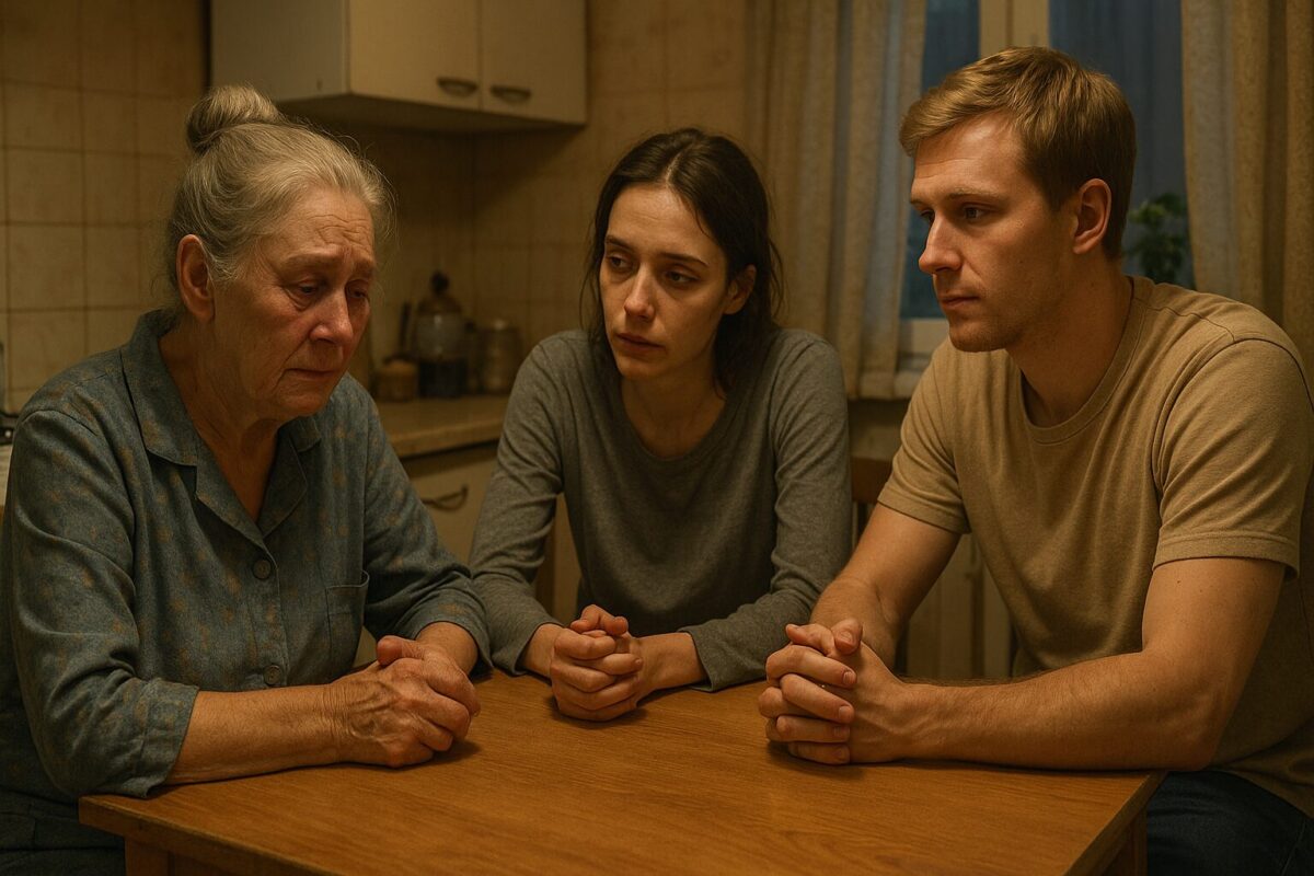 Три усталых человека за кухонным столом в типовой квартире, атмосфера примирения и надежды, вечерний тёплый свет.