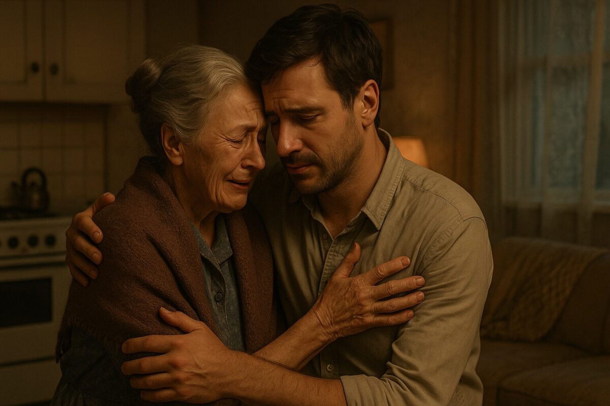 Пожилая женщина с седыми волосами в домашнем халате и тёплом платке обнимает мужчину средних лет в простой рубашке, оба стоят в уютной, слегка затемнённой комнате.