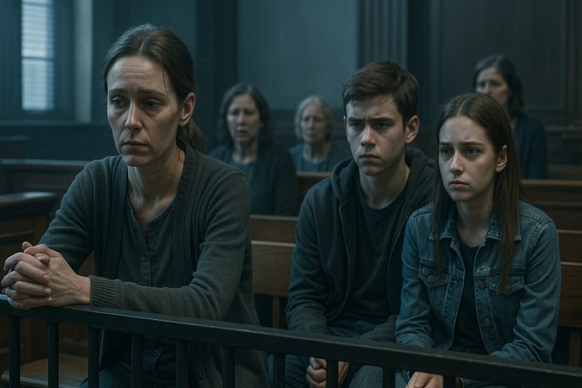 Женщина за решёткой в зале суда сидит с потухшим взглядом, рядом — её встревоженные подростки-сын и дочь; на заднем плане — строгий судья и родственницы в растерянности, сцена в холодных сине-серых тонах.