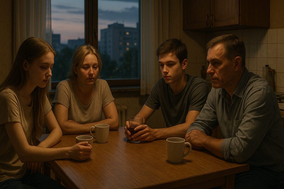 Семья из четырёх человек сидит вечером на кухне за столом, на лицах — усталость и надежда, за окном виден городской пейзаж.