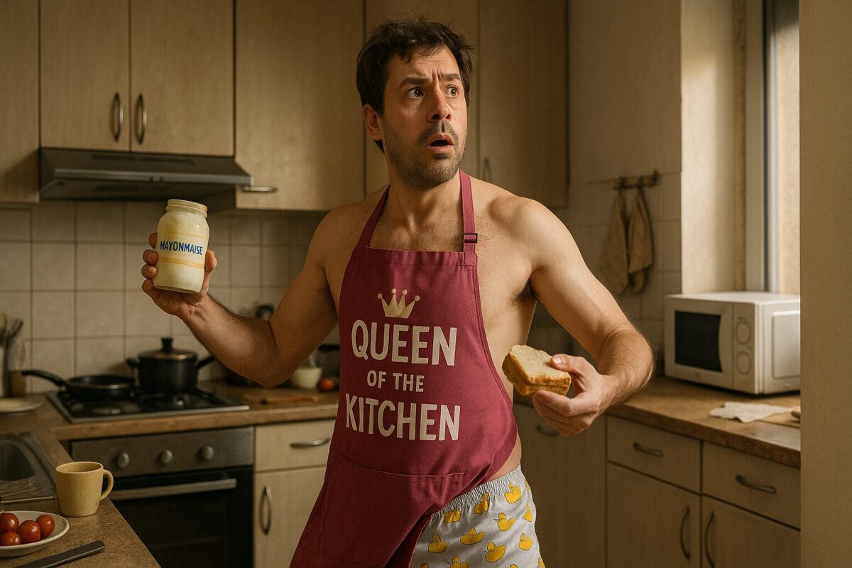 Мужчина 35-40 лет с растрёпанными волосами и небритым лицом стоит на кухне в нелепой позе, будто античная статуя. Он в семейных трусах с уточками и ярком женском фартуке с надписью «Queen of the kitchen». В одной руке держит банку майонеза, в другой — бутерброд. Его выражение лица — удивление и лёгкая паника, будто его застигли врасплох. На заднем плане обычная кухня с лёгким беспорядком и утренним светом, создающим домашнюю комичную атмосферу.