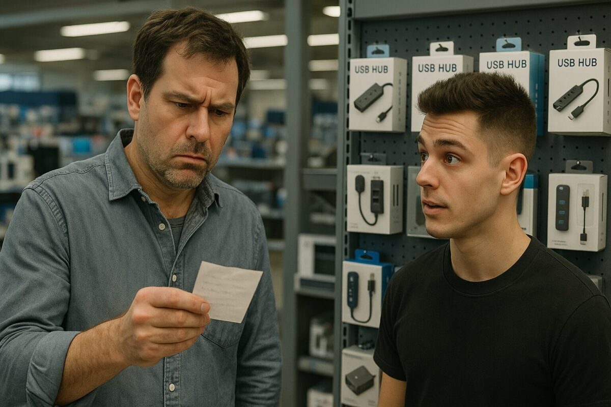 Мужчина 40+ в джинсах и рубашке с бумажкой в руке с хмурым лицом стоит в отделе электроники напротив молодого продавца с модной короткой стрижкой в фирменной футболке. Атмосфера лёгкой неловкости и юмористического напряжения. На фоне полки с USB-хабами и гаджетами, акцент на эмоции и взаимодействие между персонажами.