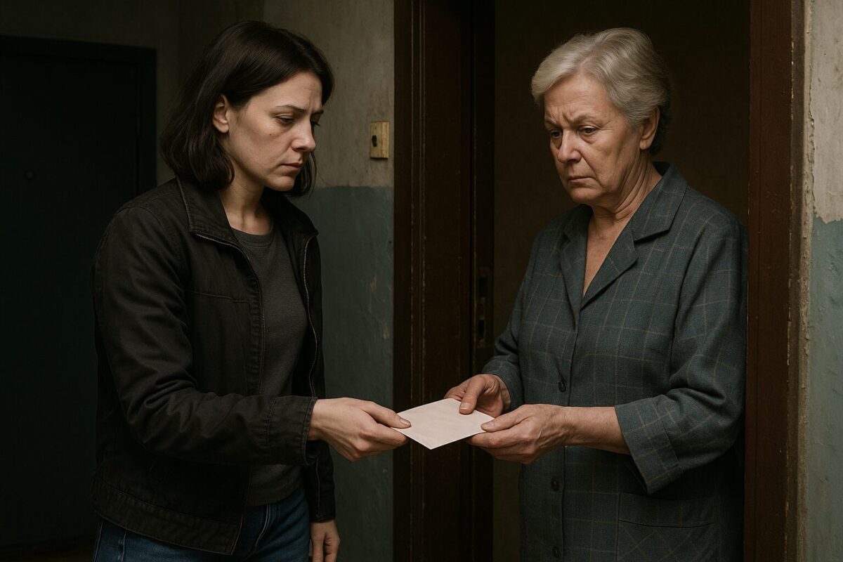 Марина, молодая женщина с тёмными волосами, стоит в подъезде у двери и протягивает конверт Валентине Ивановне, женщине постарше с сединой и строгим выражением лица.