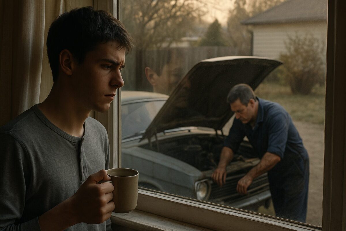 Раннее утро. Парень лет 17–18 в домашней одежде стоит у окна с кружкой, задумчиво смотрит на улицу. На стекле отражается его лицо. Во дворе мужчина средних лет в рабочем комбинезоне склонился над капотом старой машины, его руки в масле.