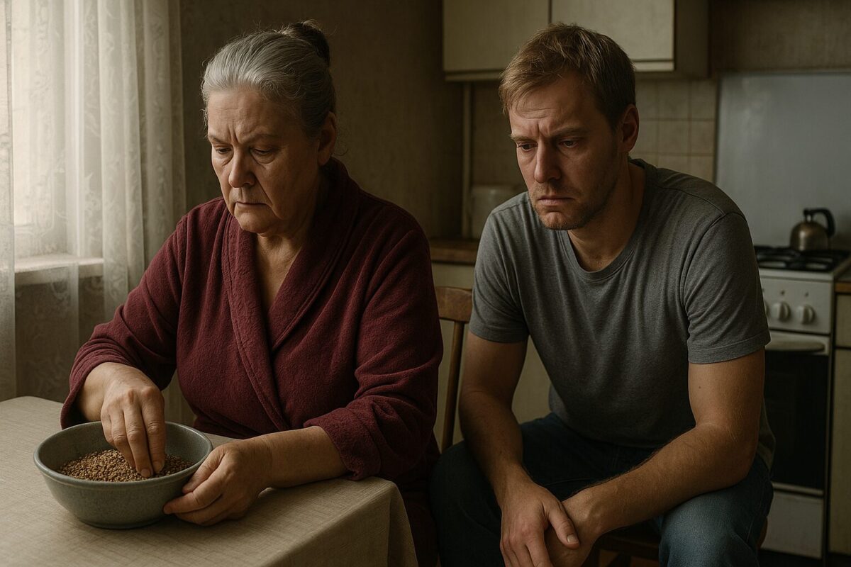 На изображении старая женщина славянской внешности с седыми волосами, собранными в пучок, сидит за кухонным столом и перебирает гречку в миске. На ней домашний халат, выражение лица строгое и сосредоточенное, взгляд опущен вниз. Рядом на табурете сидит мужчина около 35 лет, светловолосый, в простой футболке и джинсах. Он выглядит усталым, с выражением безнадёжности и раздражения, смотрит в сторону. Атмосфера — напряжённая, в интерьере старая советская кухня, на окне тюлевая занавеска, дневной свет.