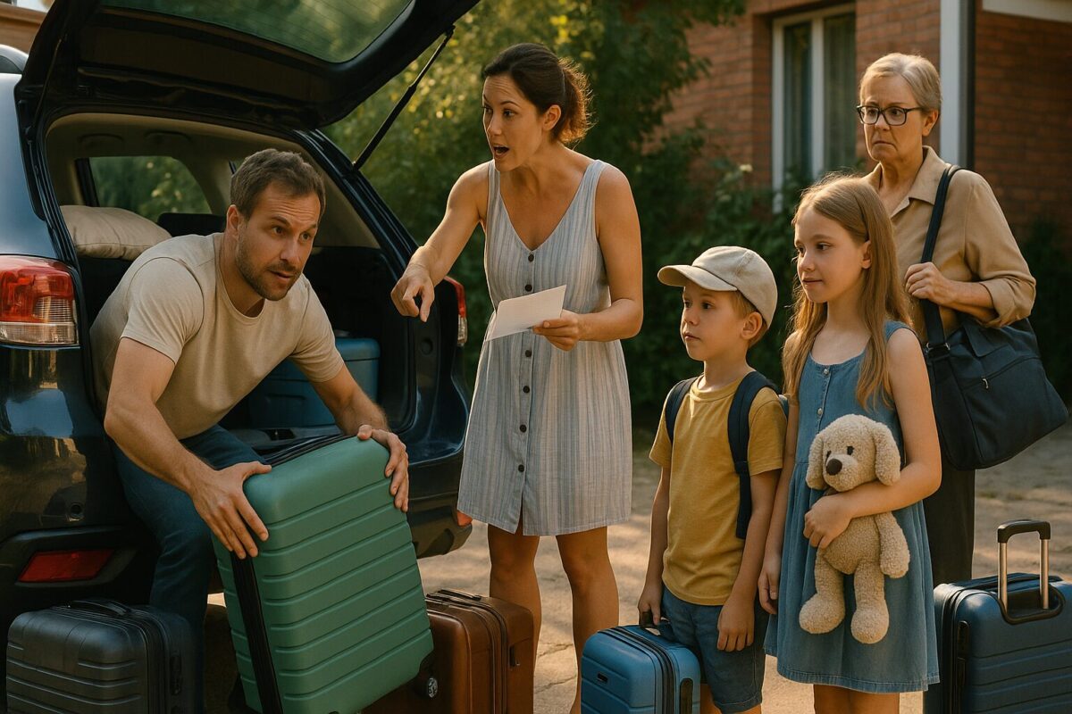 Раннее утро, семья из пяти человек собирается в отпуск на машине. Отец в светлой футболке пытается уложить последний чемодан в открытый багажник. Мать в лёгком летнем платье держит список и энергично указывает, что ещё не забыть. Тёща строгого вида с очками наблюдает с дорожной сумкой на плече. Двое детей стоят рядом: мальчик 5 лет в кепке и с рюкзаком, девочка 9 лет в сарафане с длинными волосами держит плюшевую игрушку. Вокруг чемоданы и дорожные принадлежности, атмосфера лёгкой семейной суеты и предвкушения путешествия.