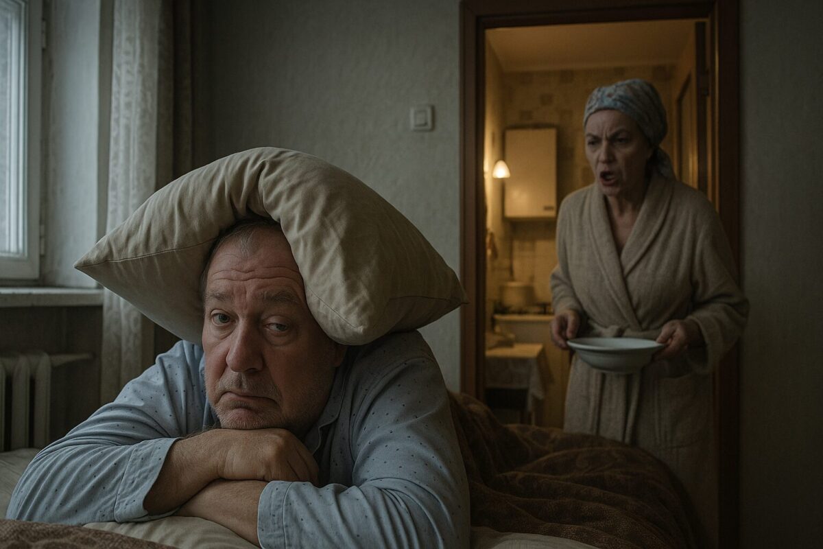 Мужчина в пижаме лежит в постели с подушкой на голове, выглядывая одним глазом; на заднем плане, в проёме двери на кухню, женщина в халате и платке говорит раздражённо, держа тарелку.