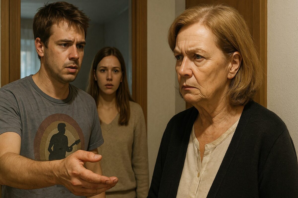 молодой мужчина в футболке с изображением гитариста протягивает руку вперёд, словно в попытке объясниться. Перед ним — пожилая женщина с жёстким, осуждающим выражением лица. На заднем плане из дверного проёма выглядывает молодая женщина, обеспокоенно наблюдая за происходящим.