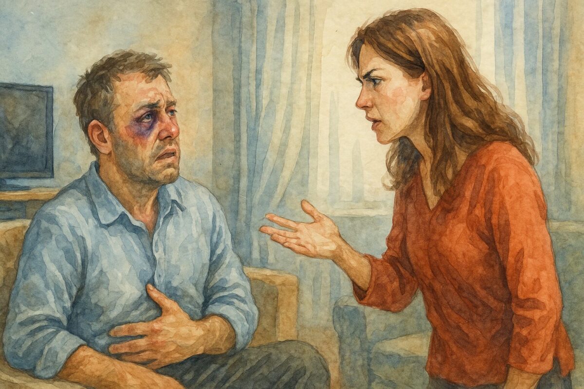 женщина в красной кофте эмоционально выговаривает мужчине с синяком под глазом, сидящему на кресле. Он выглядит испуганным и потрясённым.