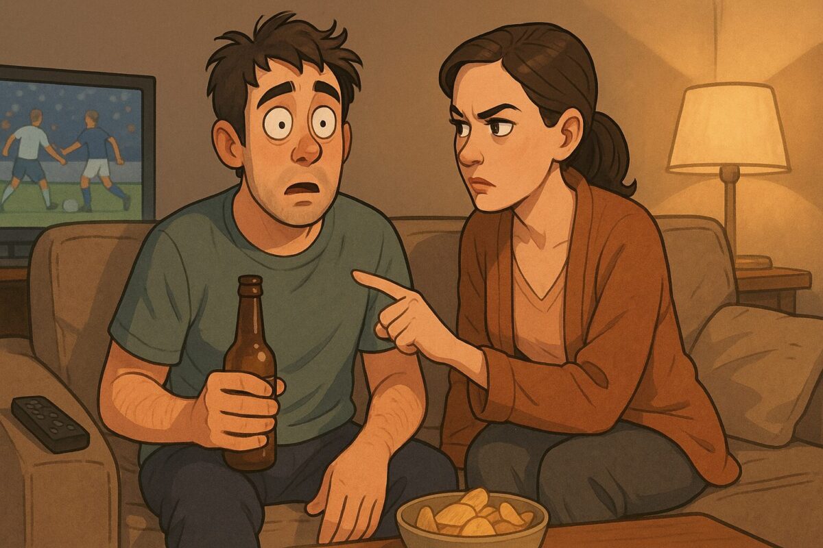 Мужчина с выражением паники сидит с пивом на диване, рядом жена с серьёзным видом наклонилась к нему. На фоне — замерший футбольный матч по телевизору и уютный свет лампы.