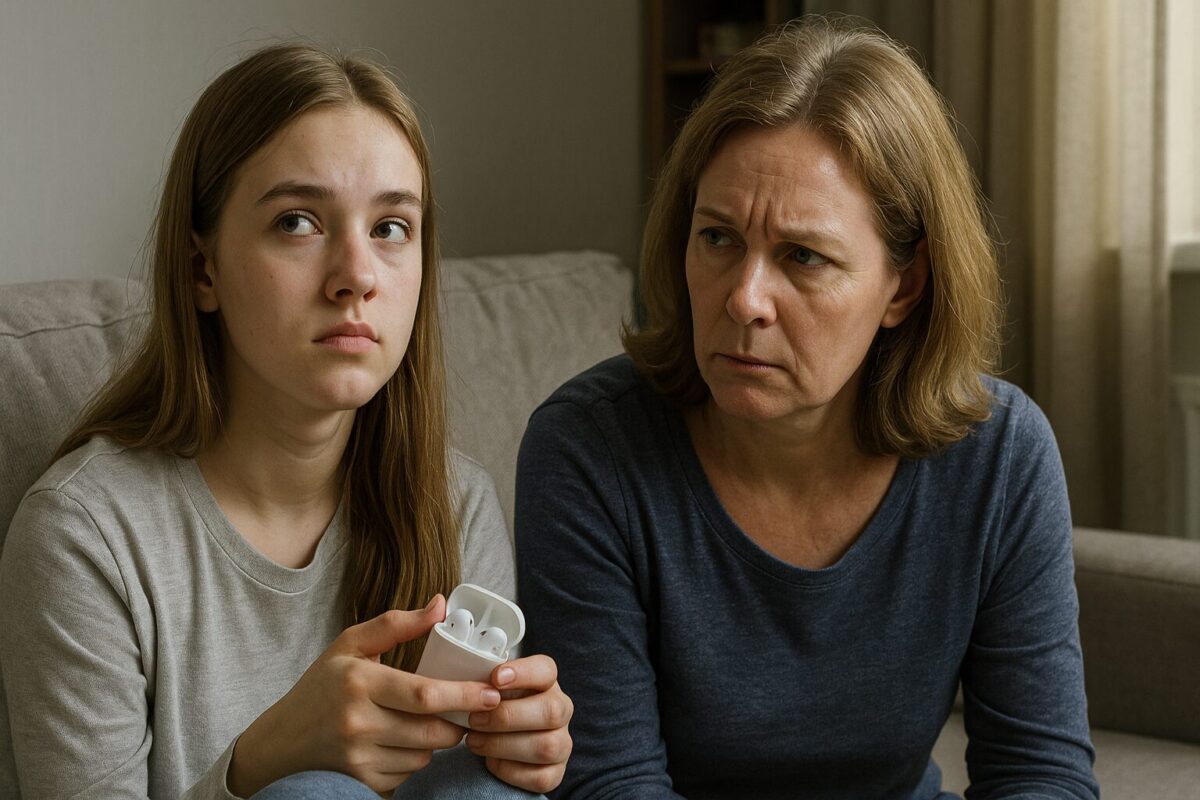 Мать и дочь сидят на диване в светлой гостиной. Женщина средних лет с серьёзным выражением смотрит на подростка, которая держит в руках беспроводные наушники и отводит взгляд. Между ними чувствуется напряжение.