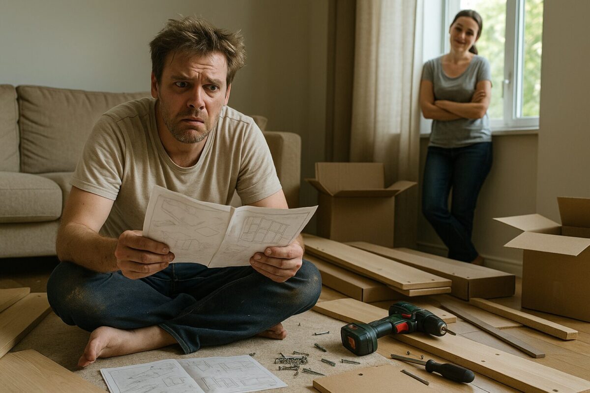 Мужчина средних лет сидит на полу в беспорядочной гостиной среди деталей шкафа, шурупов и инструментов, глядя в инструкции с растерянным выражением. Его жена наблюдает за ним от окна с ироничной улыбкой.