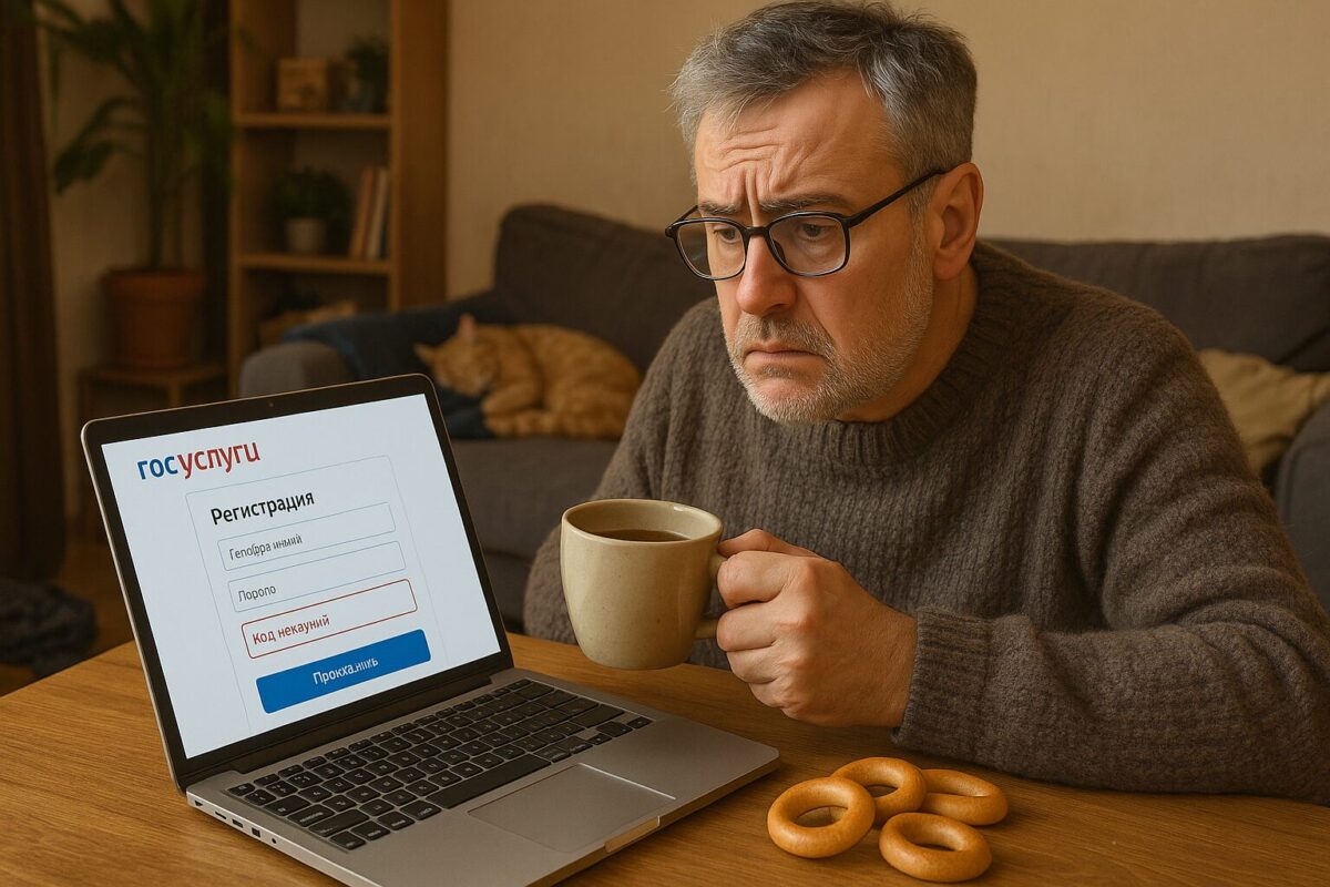 Мужчина в возрасте около 50 лет в очках и тёплом свитере сидит за столом, держит чашку чая и смотрит на экран ноутбука, повернутого к нему. На экране — сайт "Госуслуги" с ошибкой "Код неверный". На фоне — уютная гостиная с рыжим котом, спящим на диване. На столе лежат баранки.