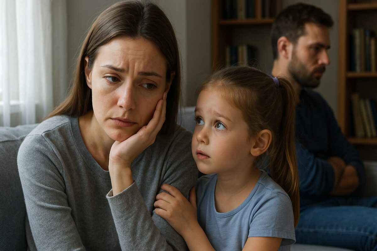 Мать со страдальческим выражением лица сидит на диване рядом со своей маленькой дочерью, которая с беспокойством смотрит на нее снизу вверх; на заднем плане в стороне сидит мужчина, эмоционально отстраненный.
