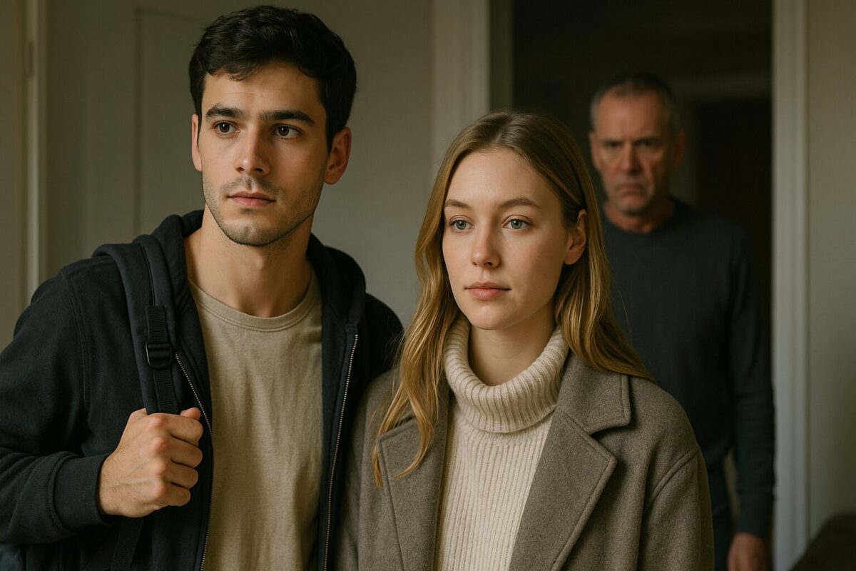 Молодой мужчина и женщина с серьёзными лицами стоят на переднем плане, позади них — хмурый пожилой мужчина у двери; мягкое освещение, домашняя обстановка.