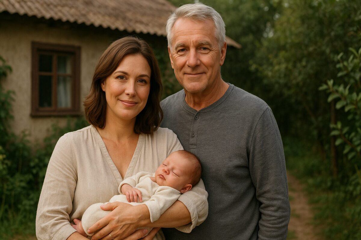 Женщина с младенцем на руках и пожилой мужчина стоят у сельского дома на фоне зелени, мягкий свет, спокойная атмосфера.