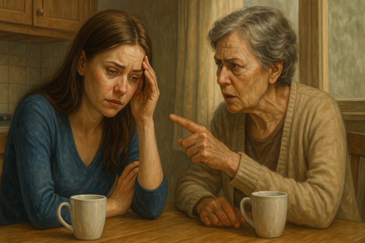 Пожилая женщина жестикулирует, высказывая претензию, а молодая женщина с грустным лицом слушает, глядя вниз.