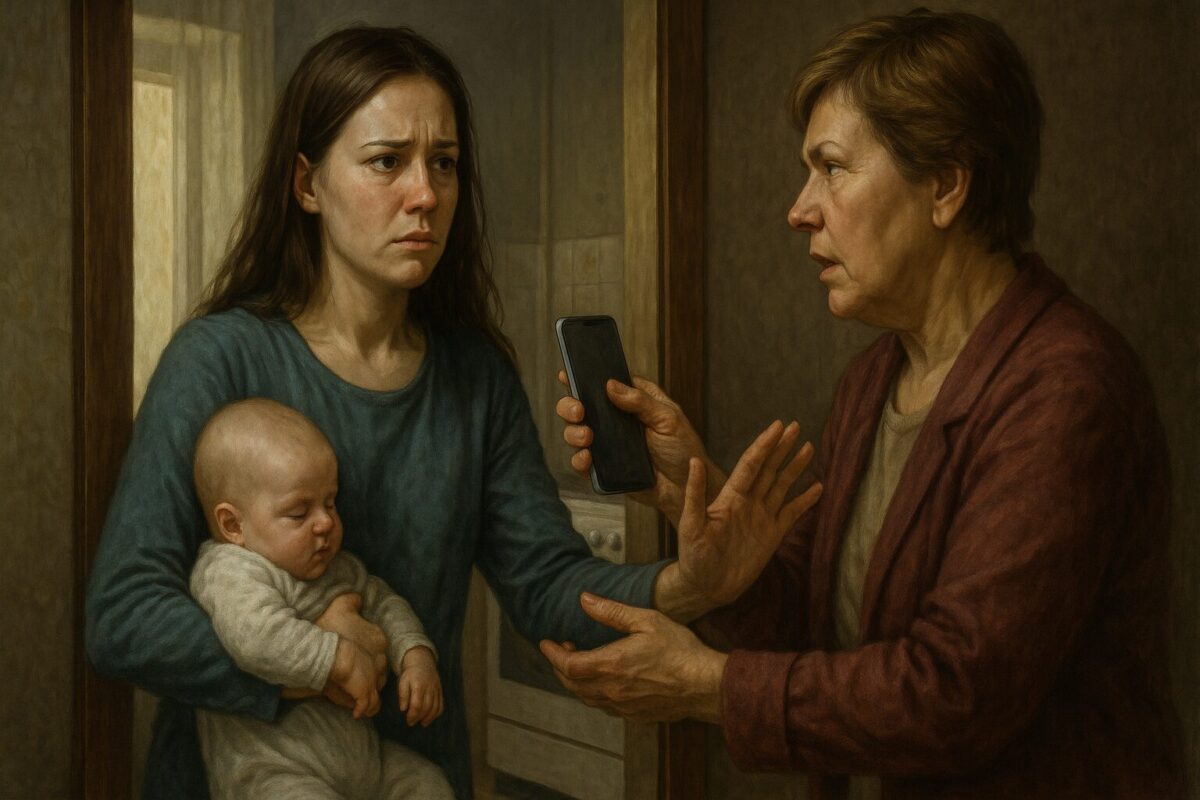 Молодая женщина с младенцем на руках смотрит на мать, которая протягивает ей телефон с укором. На лицах — усталость и напряжение. Реалистичная сцена в кухне с мягким светом.