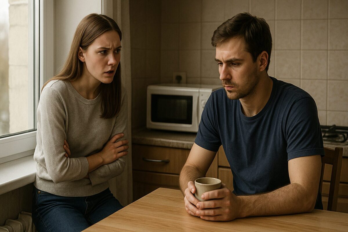 Молодая пара в напряжённой сцене на кухне — женщина смотрит с укором, мужчина молчит, опустив взгляд, держа кружку.