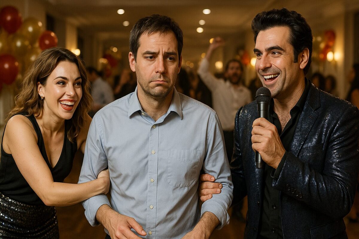 Уставший мужчина в офисной рубашке стоит между ярко улыбающейся женщиной в юбке с пайетками и ведущим в блестящем пиджаке с микрофоном; сцена передаёт неловкость и внутренний протест героя на фоне шумного корпоративного веселья.