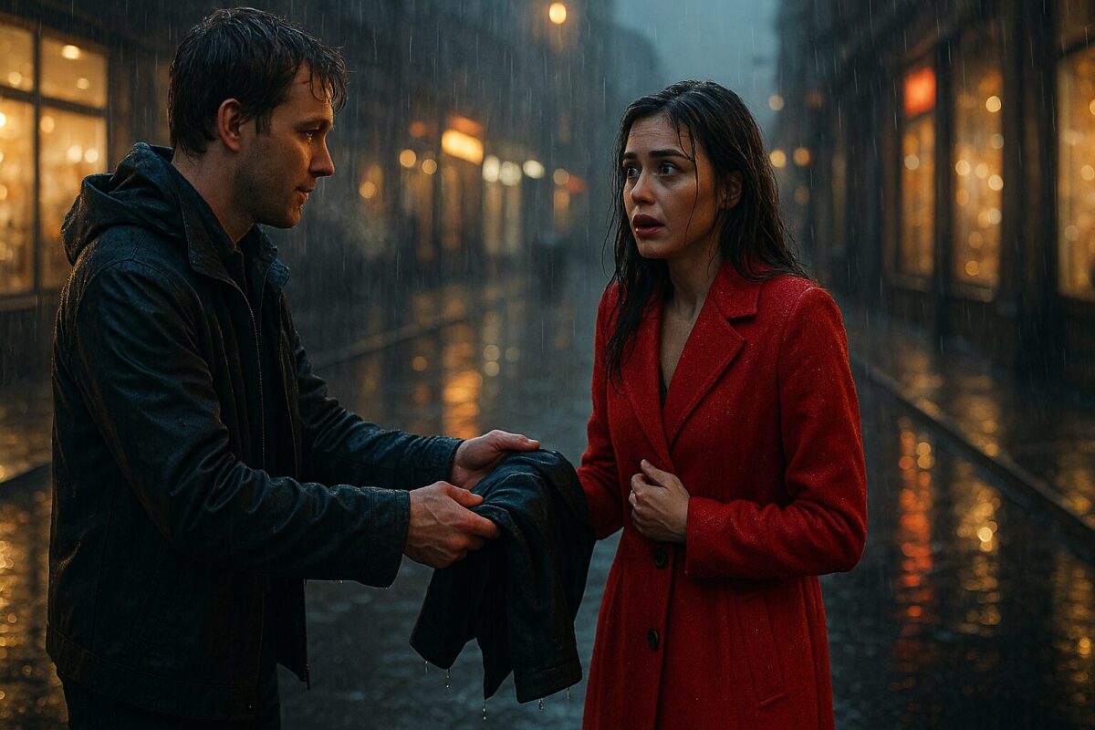 Вечерняя сцена на дождливой улице: мужчина в тёмной куртке протягивает мокрую куртку девушке в алом пальто, у которой мокрые волосы и размазанная тушь. Их лица выражают удивление и лёгкое волнение, на фоне огни витрин отражаются в мокром асфальте.