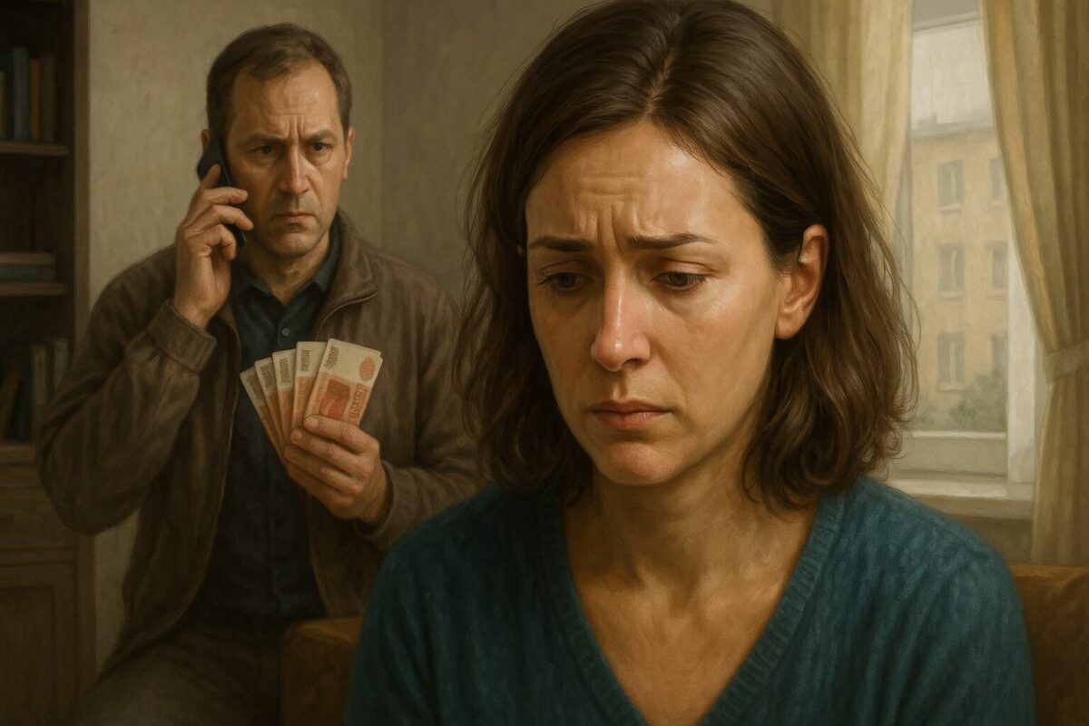 Уставшая женщина с печальным взглядом сидит на фоне окна, в то время как мужчина за её спиной держит рубли и говорит по телефону, в атмосфере тревожного напряжения.