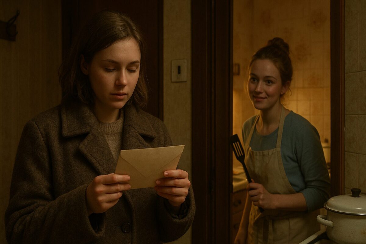 Две молодые женщины в советской квартире — одна стоит в пальто с письмом в руках в прихожей, другая выглядывает из кухни с лопаткой, улыбаясь. Тёплый свет, домашняя атмосфера