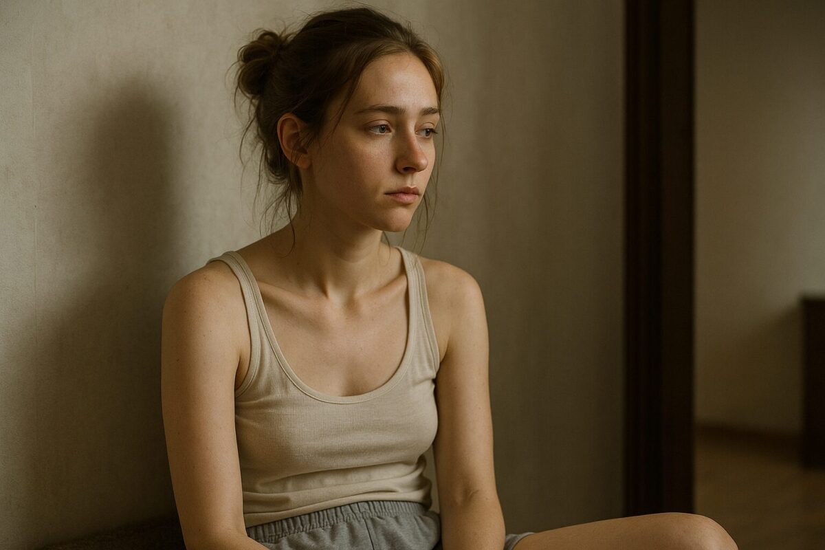 Молодая женщина с худощавым телосложением и светлой кожей сидит в скромной комнате. У неё длинные русые волосы, собранные в небрежный пучок. Она одета в тонкую майку и домашние шорты, лицо спокойное, задумчивое, с признаками усталости.