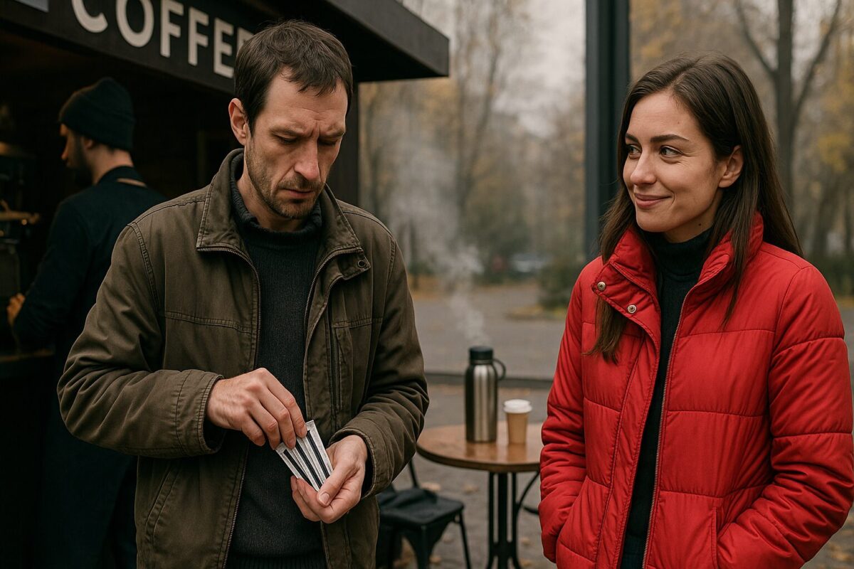Мужчина в поношенной куртке прячет сахар в карман возле уличной кофейни, рядом стоит женщина в красной куртке с насмешливой улыбкой. Осенний день, столик с термосом и стаканчиком на заднем плане.