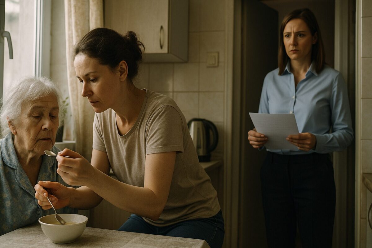 На кухне у окна пожилая женщина с пустым взглядом сидит за столом, её кормит с ложечки женщина в домашней одежде. В дверях напряжённо стоит другая женщина с листами в руках, выражение лица тревожное. Атмосфера напряжённая и молчаливая.