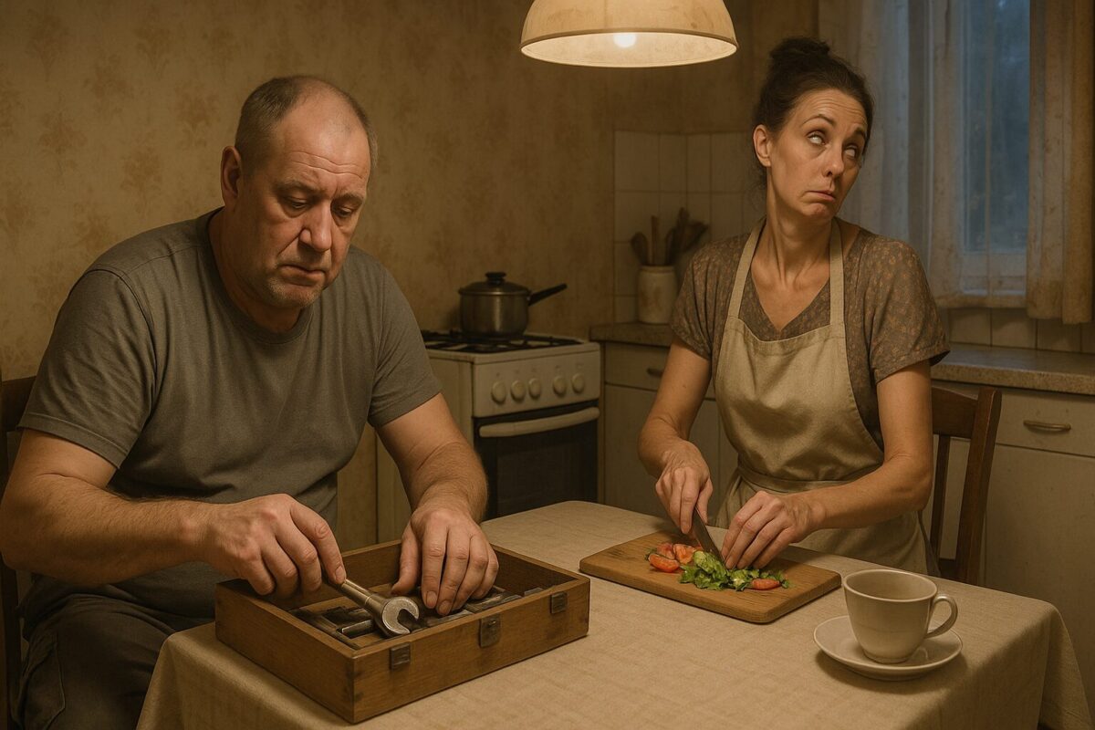 Уставший мужчина в рабочей одежде сидит за кухонным столом и держит гаечный ключ, доставая его из ящика с инструментами. Рядом женщина в фартуке нарезает салат и закатывает глаза. Интерьер советской кухни с мягким тёплым светом и скромной обстановкой.