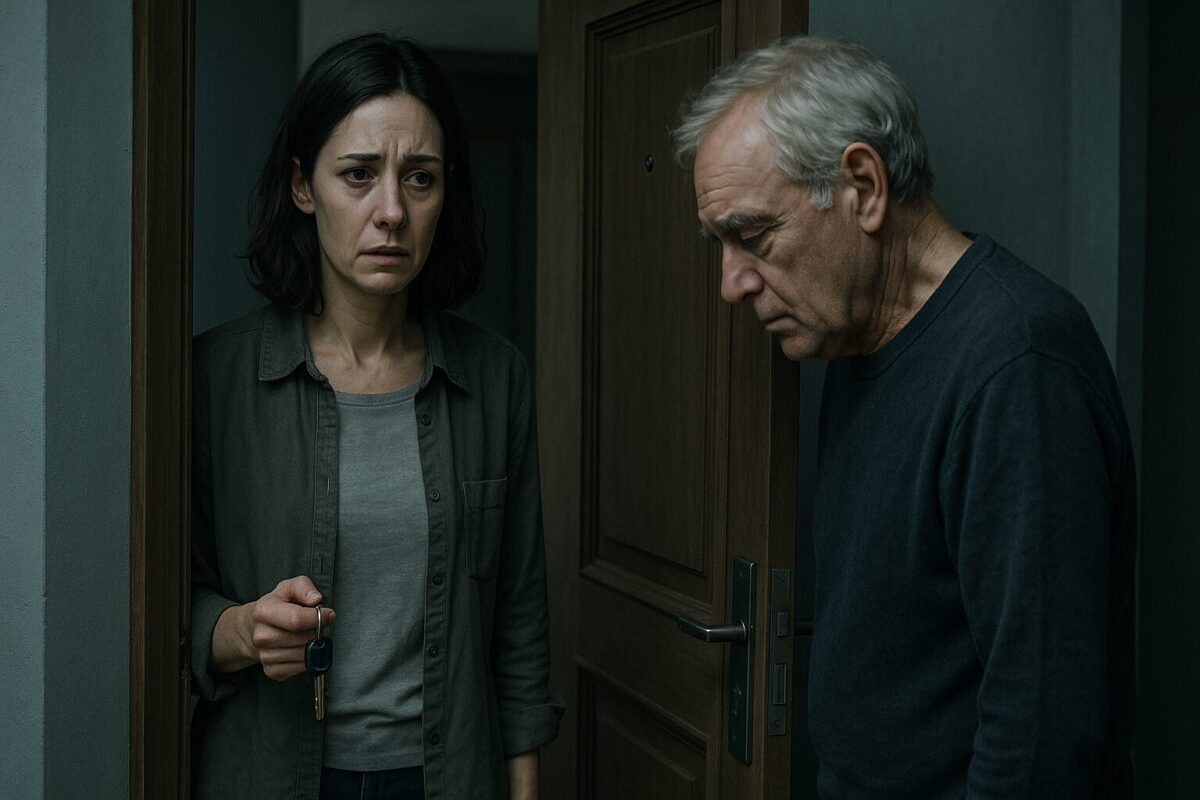 Женщина с ключом в руке стоит в дверях квартиры, напротив неё — пожилой мужчина с виноватым взглядом и опущенной головой. Между ними — напряжённая тишина.
