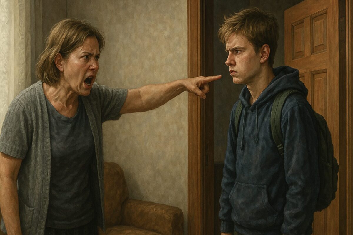 Женщина в домашней одежде кричит, гневно указывая на дверь, в то время как подросток с рюкзаком на спине смотрит на неё с упрямым выражением лица.