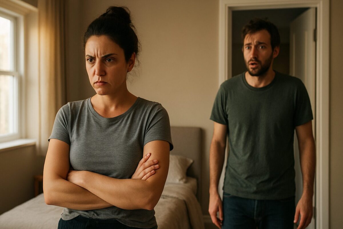 Женщина стоит в спальне с перекрещёнными руками и суровым выражением лица, за её спиной — мужчина с растерянным и виноватым взглядом. Атмосфера напряжённая, комната залита тёплым дневным светом.