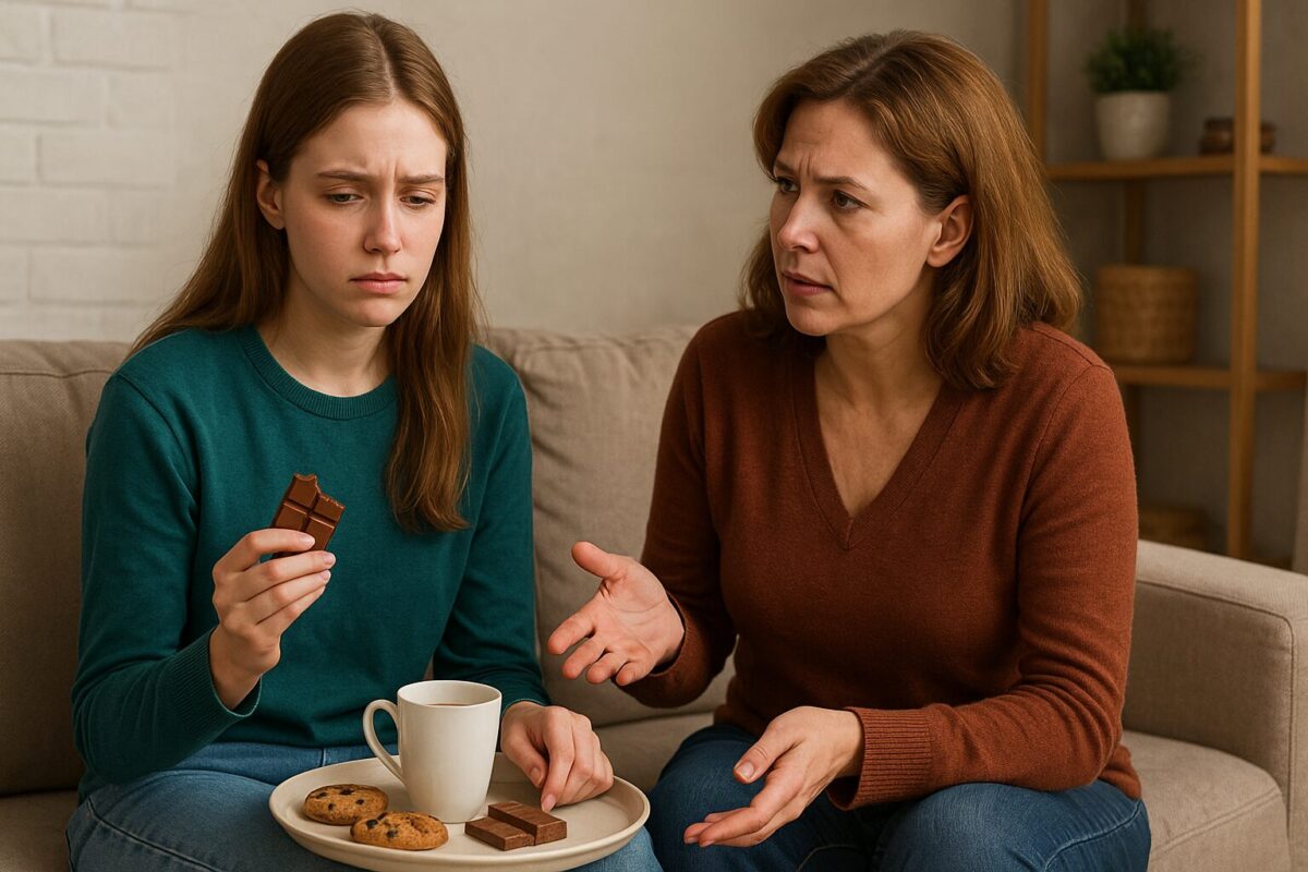 Мать и дочь сидят на диване, дочь печальна, держит шоколад и кружку, мать говорит с выражением заботы.